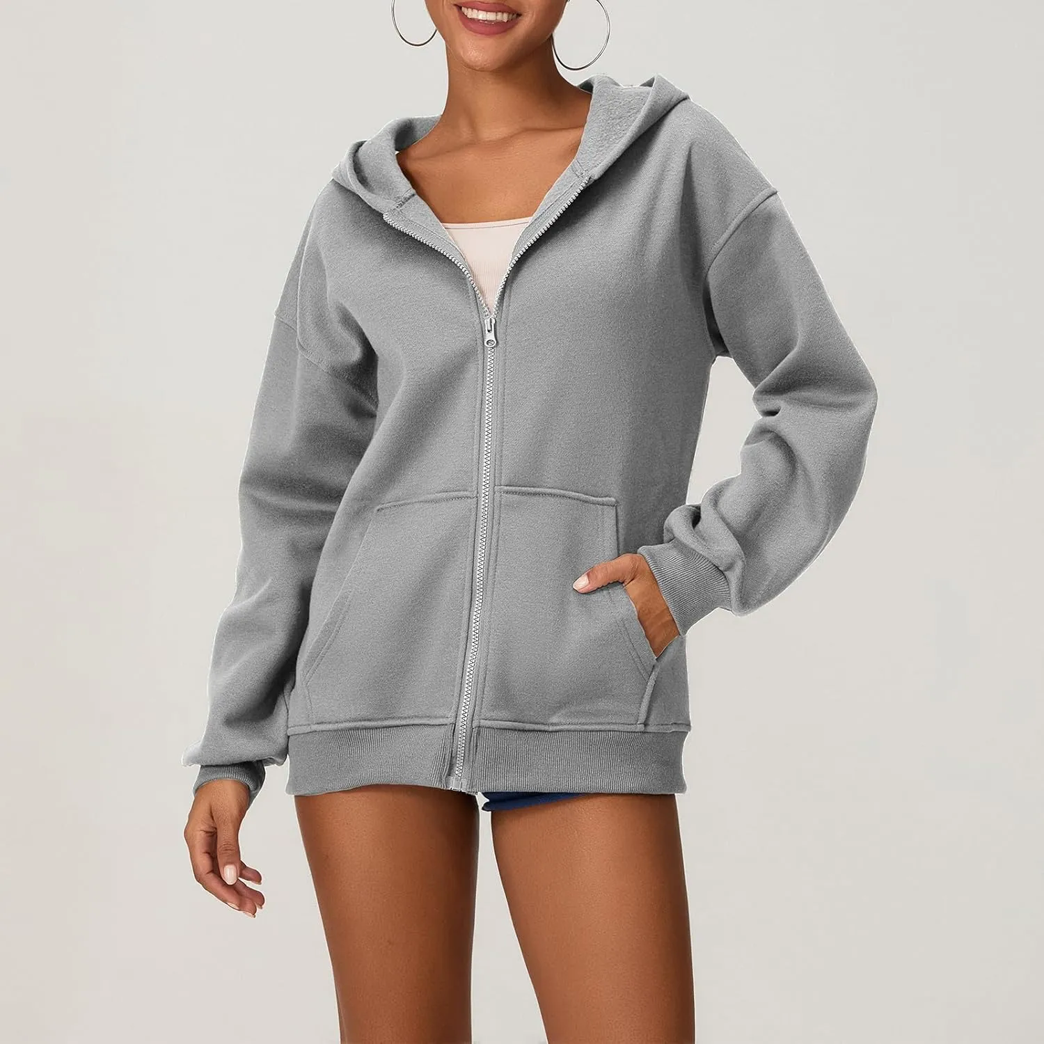 NUFIWI Women's Oversized Zip Up Hoodie Loose Long Sleeve Hooded Sweatshirt with Pockets Casual Jacket Preppy Streetwear
