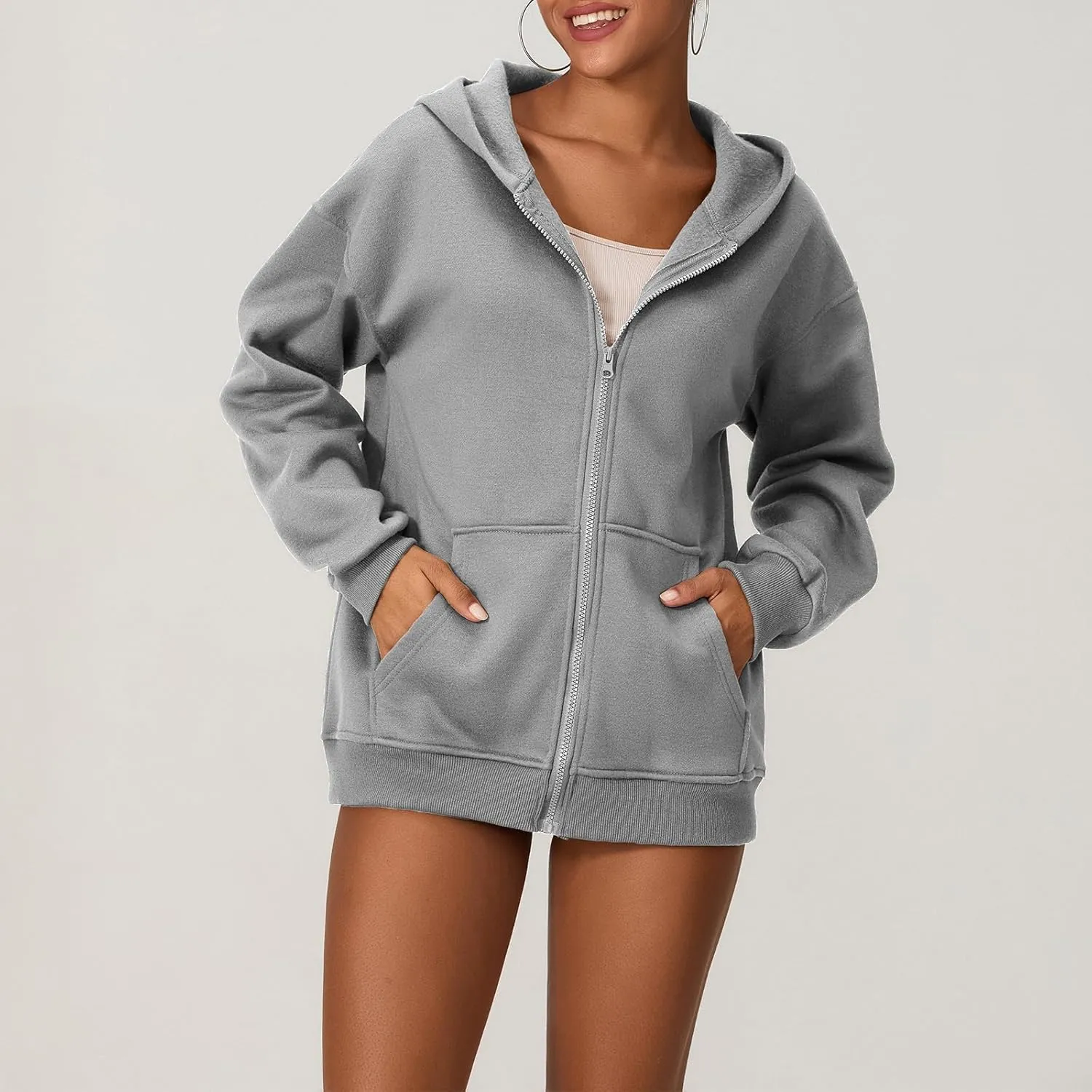 NUFIWI Women's Oversized Zip Up Hoodie Loose Long Sleeve Hooded Sweatshirt with Pockets Casual Jacket Preppy Streetwear