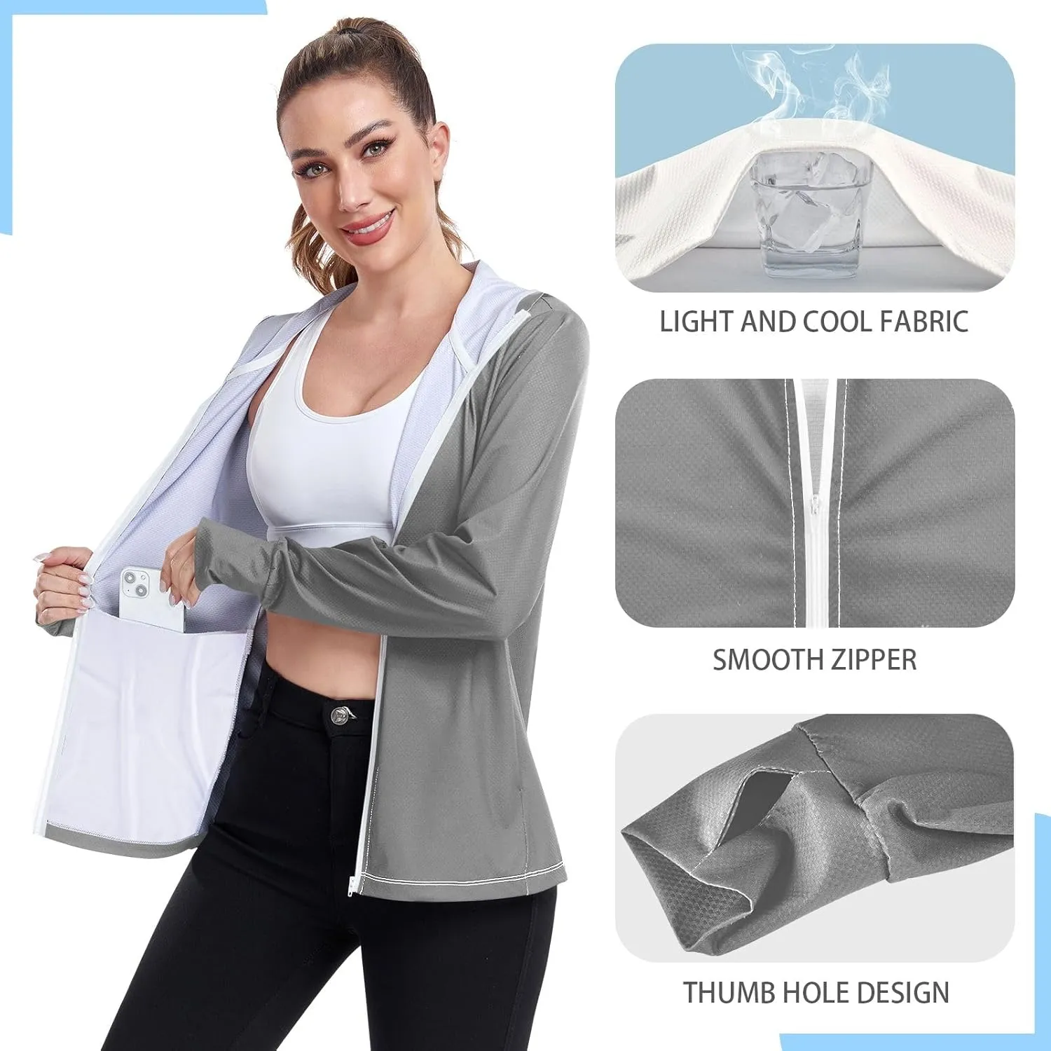 ODAWA Womens Upf Hoodie Lightweight Full Zip Running Jacket UV Cooling Hoodie Summer Clothing