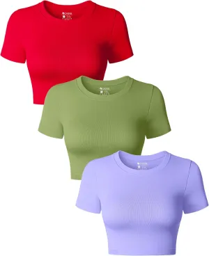 OQQ Women's 3 Piece Crop Tops Crew Neck Shorts Sleeve Stretch Fitted Shirts Crop Tops