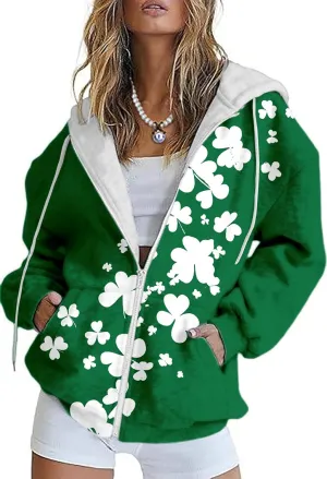 Oversized Zip Up Hoodie for Women St Patricks Day Sweatshirts 2025 Spring Casual Long Sleeve Shamrock Outfits
