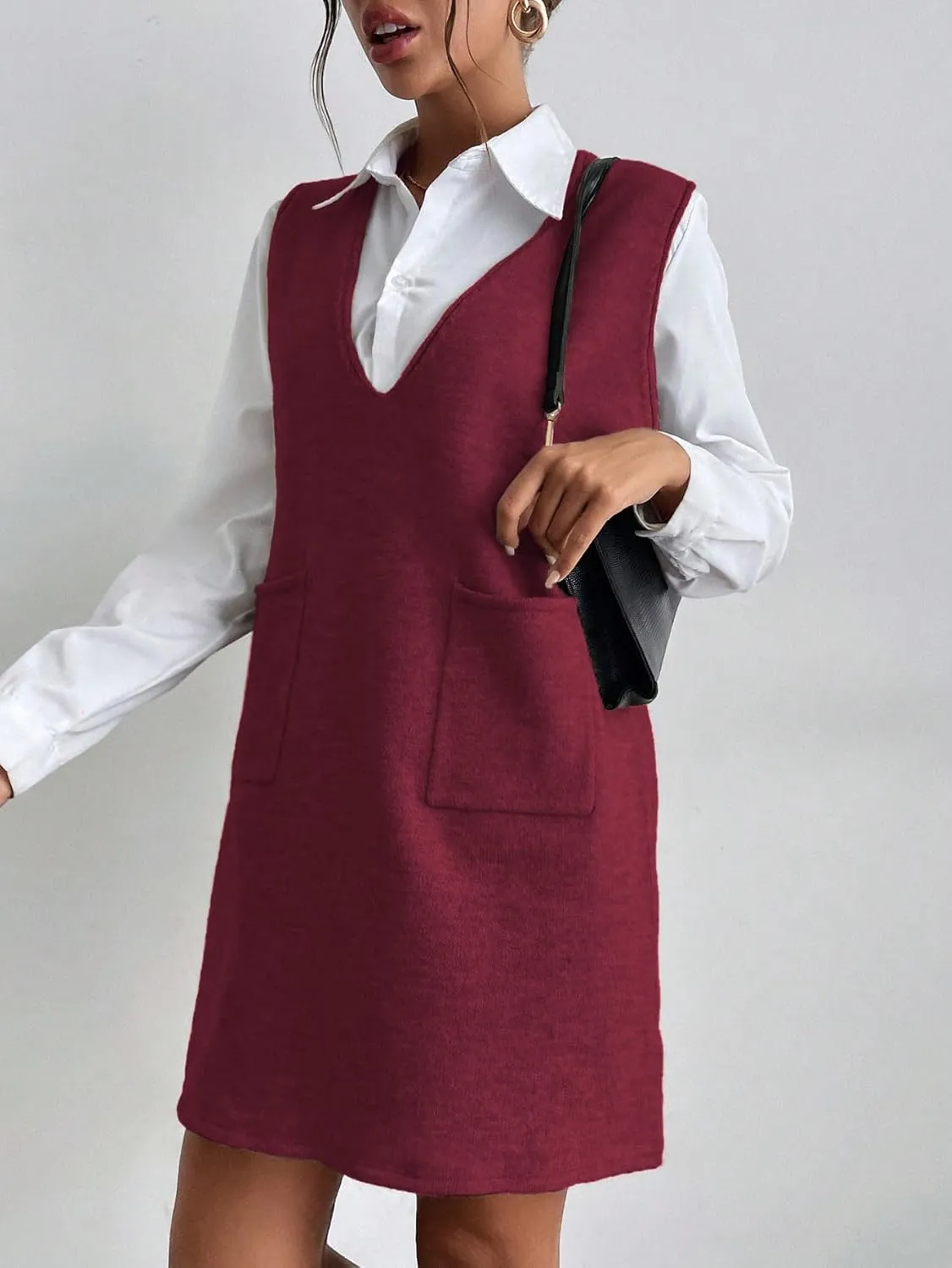 OYOANGLE Women's V Neck Sleeveless Knitted Solid Short Sweater Dress with Pockets