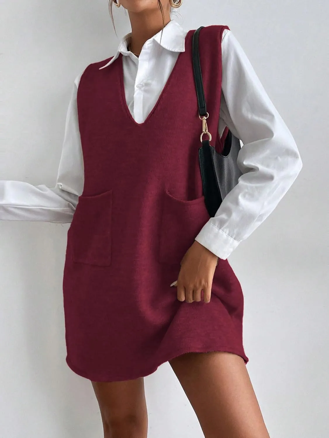 OYOANGLE Women's V Neck Sleeveless Knitted Solid Short Sweater Dress with Pockets