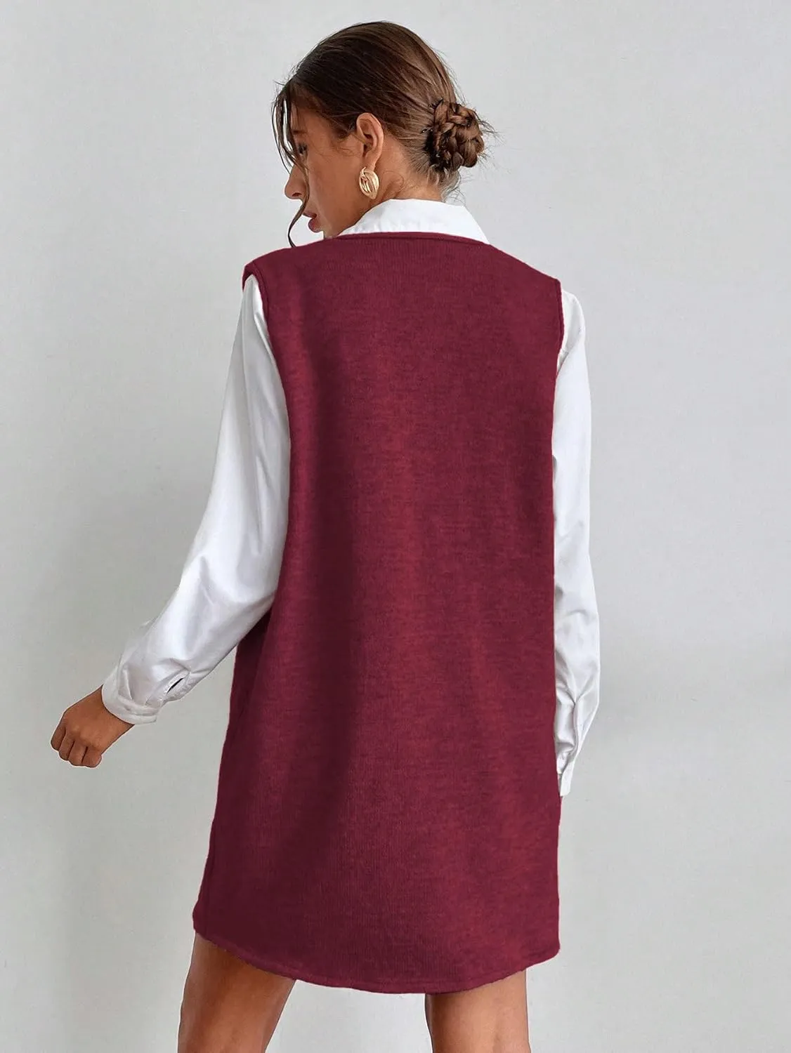 OYOANGLE Women's V Neck Sleeveless Knitted Solid Short Sweater Dress with Pockets