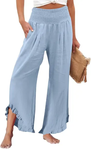 Palazzo Cotton Linen Pants Women Casual Smocked Waisted Ruffle Hem Wide Leg Pants Summer Loose Beach Pant with Pockets