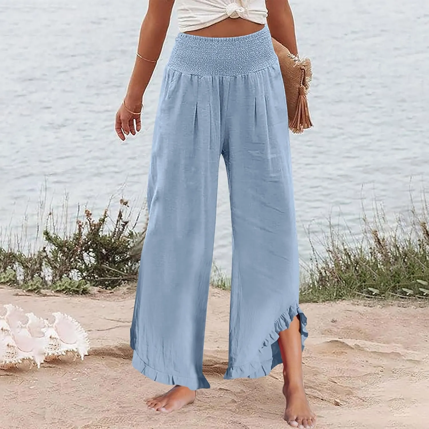 Palazzo Cotton Linen Pants Women Casual Smocked Waisted Ruffle Hem Wide Leg Pants Summer Loose Beach Pant with Pockets