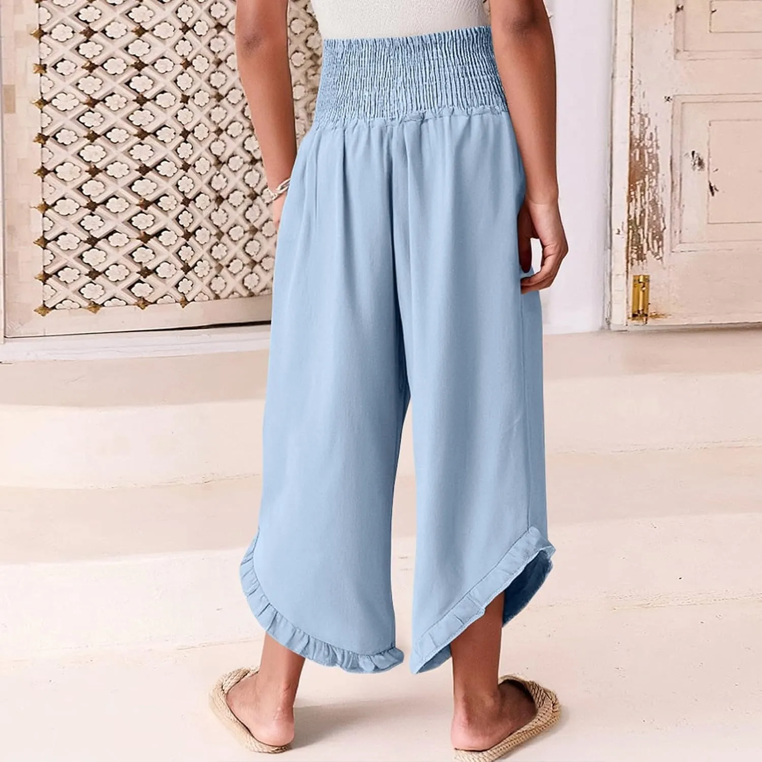 Palazzo Cotton Linen Pants Women Casual Smocked Waisted Ruffle Hem Wide Leg Pants Summer Loose Beach Pant with Pockets