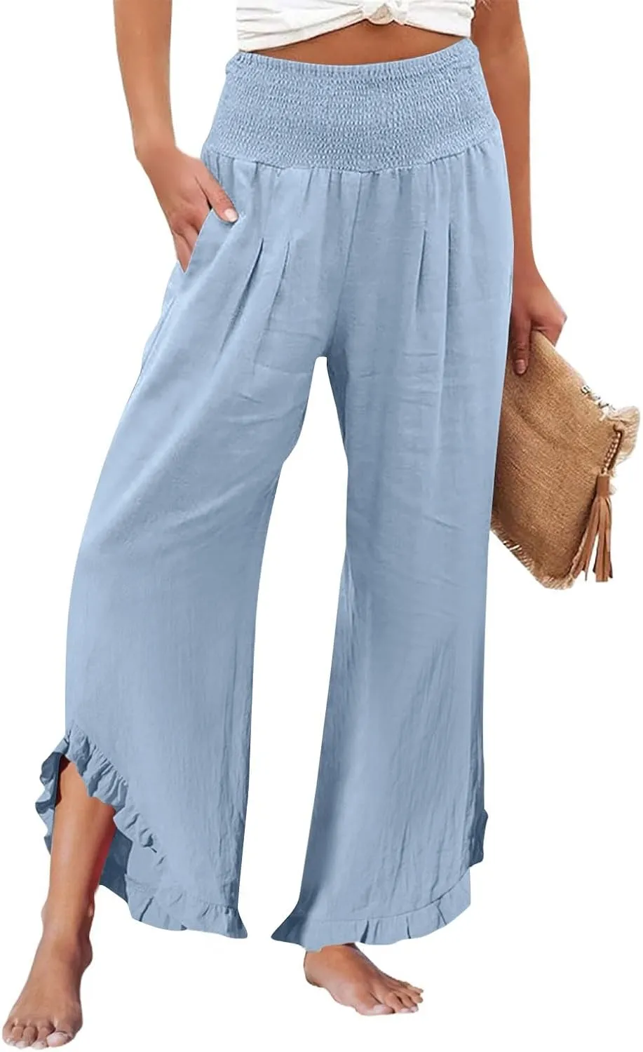 Palazzo Cotton Linen Pants Women Casual Smocked Waisted Ruffle Hem Wide Leg Pants Summer Loose Beach Pant with Pockets