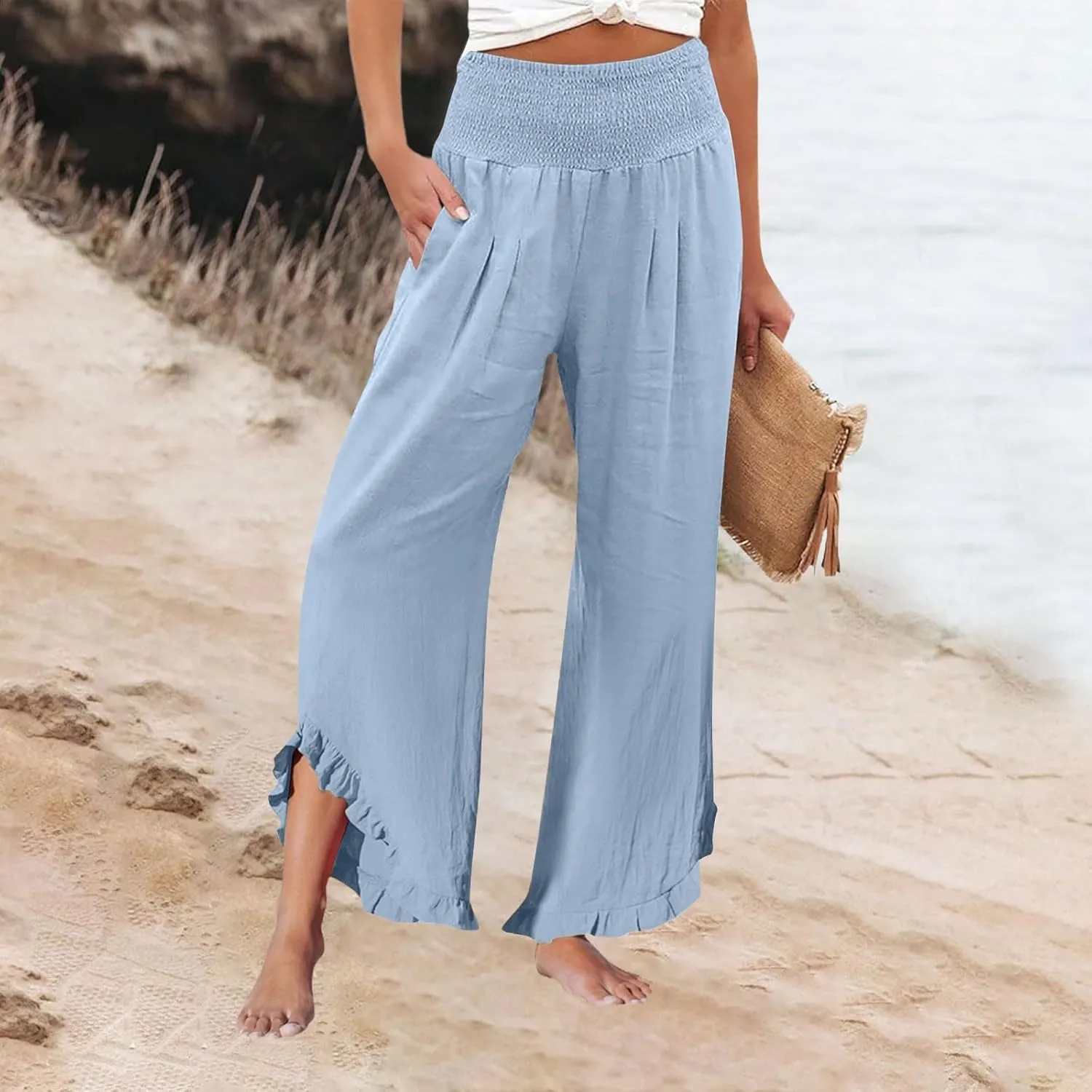 Palazzo Cotton Linen Pants Women Casual Smocked Waisted Ruffle Hem Wide Leg Pants Summer Loose Beach Pant with Pockets