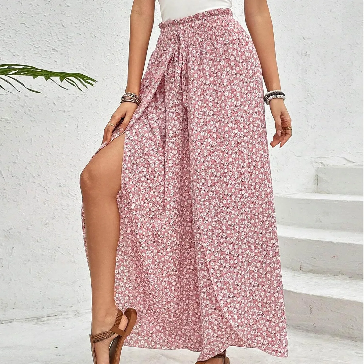 Palazzo Pants for Women Comfy Boho Summer Vacation Tulip Hem Culotte Pants Baggy Flowy Drawstring High Waisted Pants