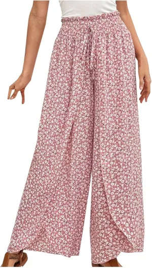 Palazzo Pants for Women Comfy Boho Summer Vacation Tulip Hem Culotte Pants Baggy Flowy Drawstring High Waisted Pants
