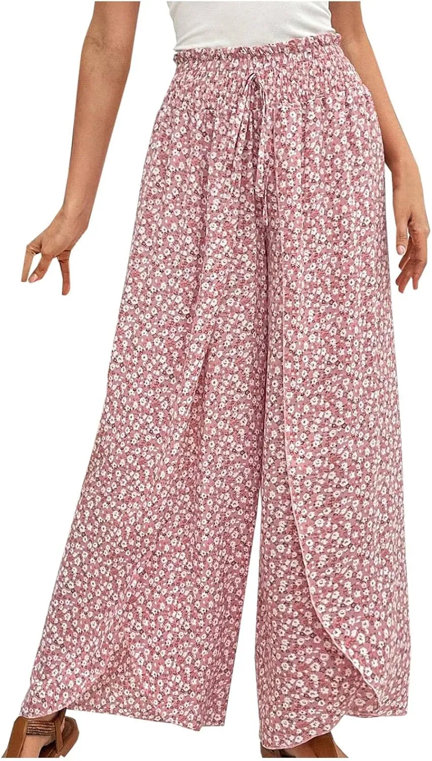 Palazzo Pants for Women Comfy Boho Summer Vacation Tulip Hem Culotte Pants Baggy Flowy Drawstring High Waisted Pants