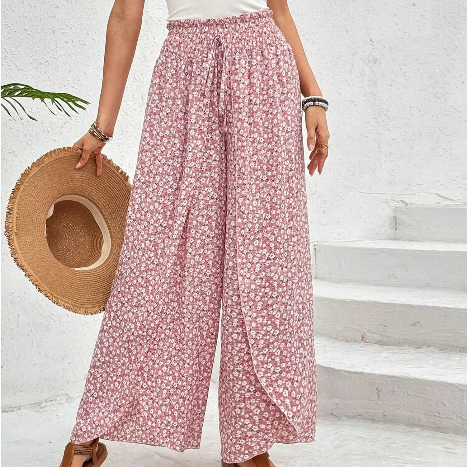 Palazzo Pants for Women Comfy Boho Summer Vacation Tulip Hem Culotte Pants Baggy Flowy Drawstring High Waisted Pants