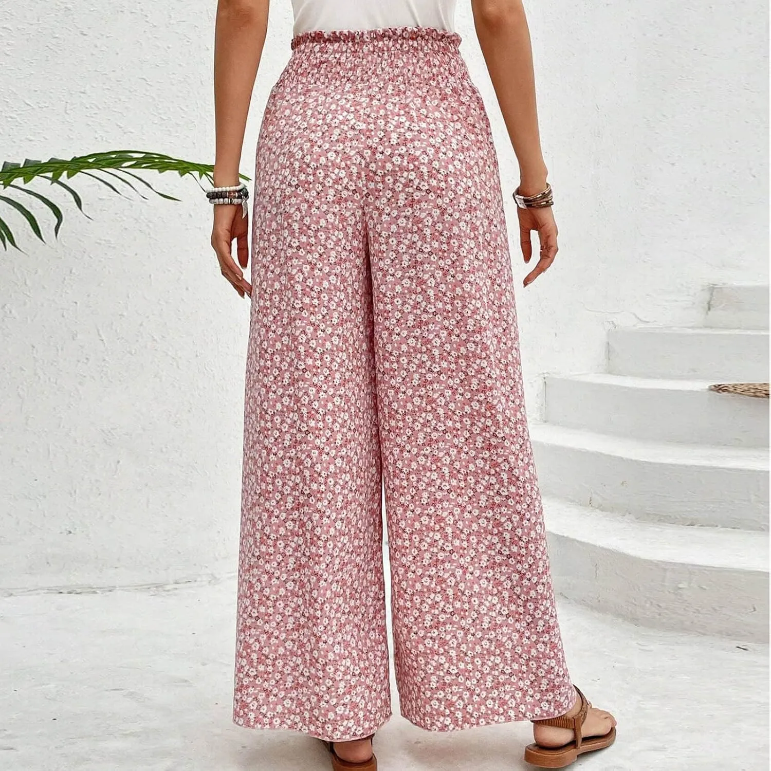 Palazzo Pants for Women Comfy Boho Summer Vacation Tulip Hem Culotte Pants Baggy Flowy Drawstring High Waisted Pants