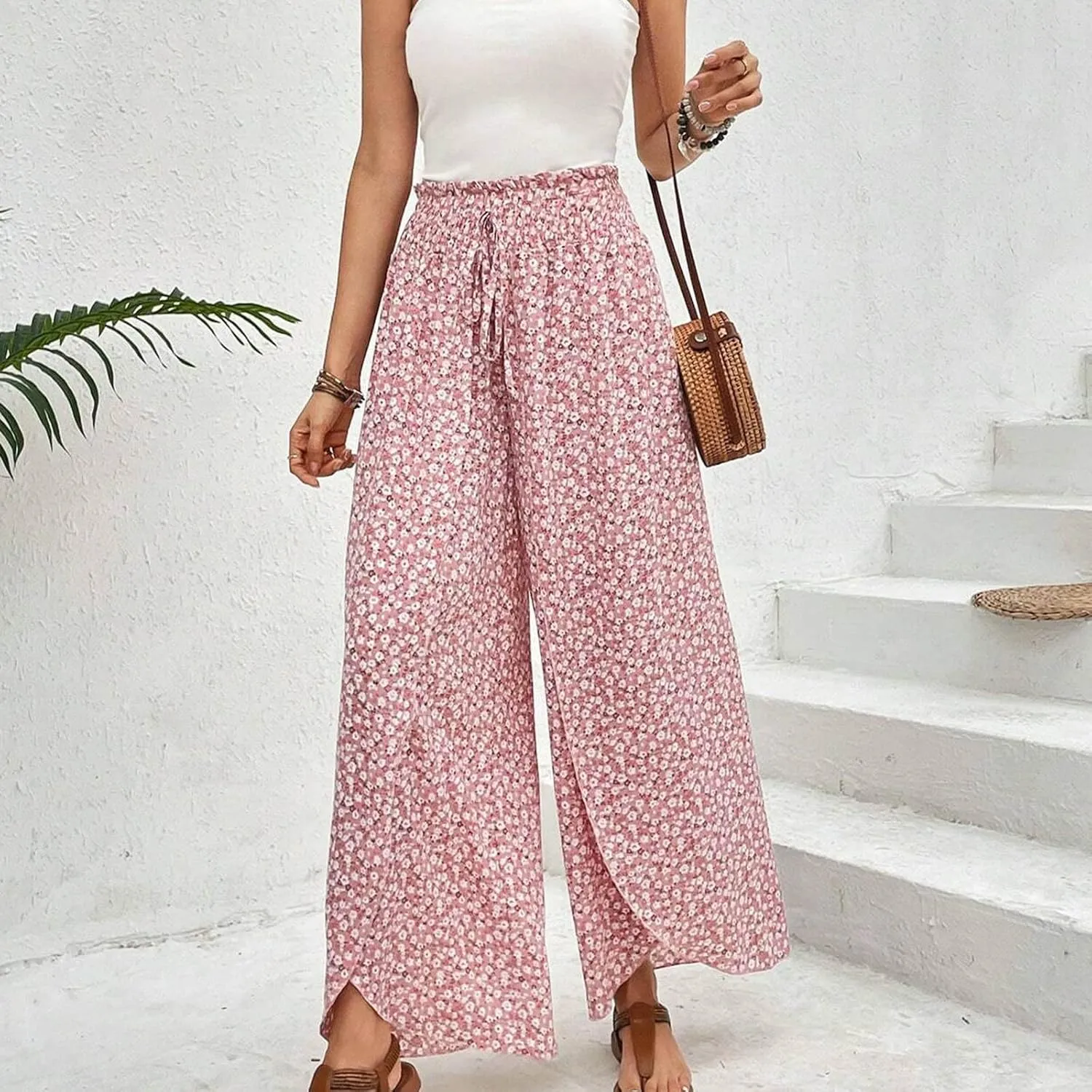 Palazzo Pants for Women Comfy Boho Summer Vacation Tulip Hem Culotte Pants Baggy Flowy Drawstring High Waisted Pants