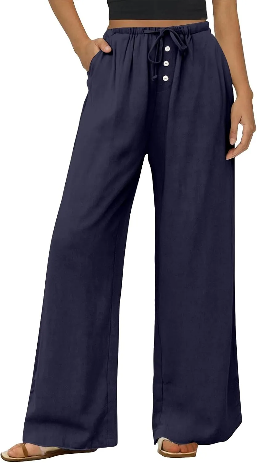 Palazzo Pants for Women Dressy Linen High Waisted Summer Loose Pants Drawstring Button Down Pocket Solid Baggy Trouser