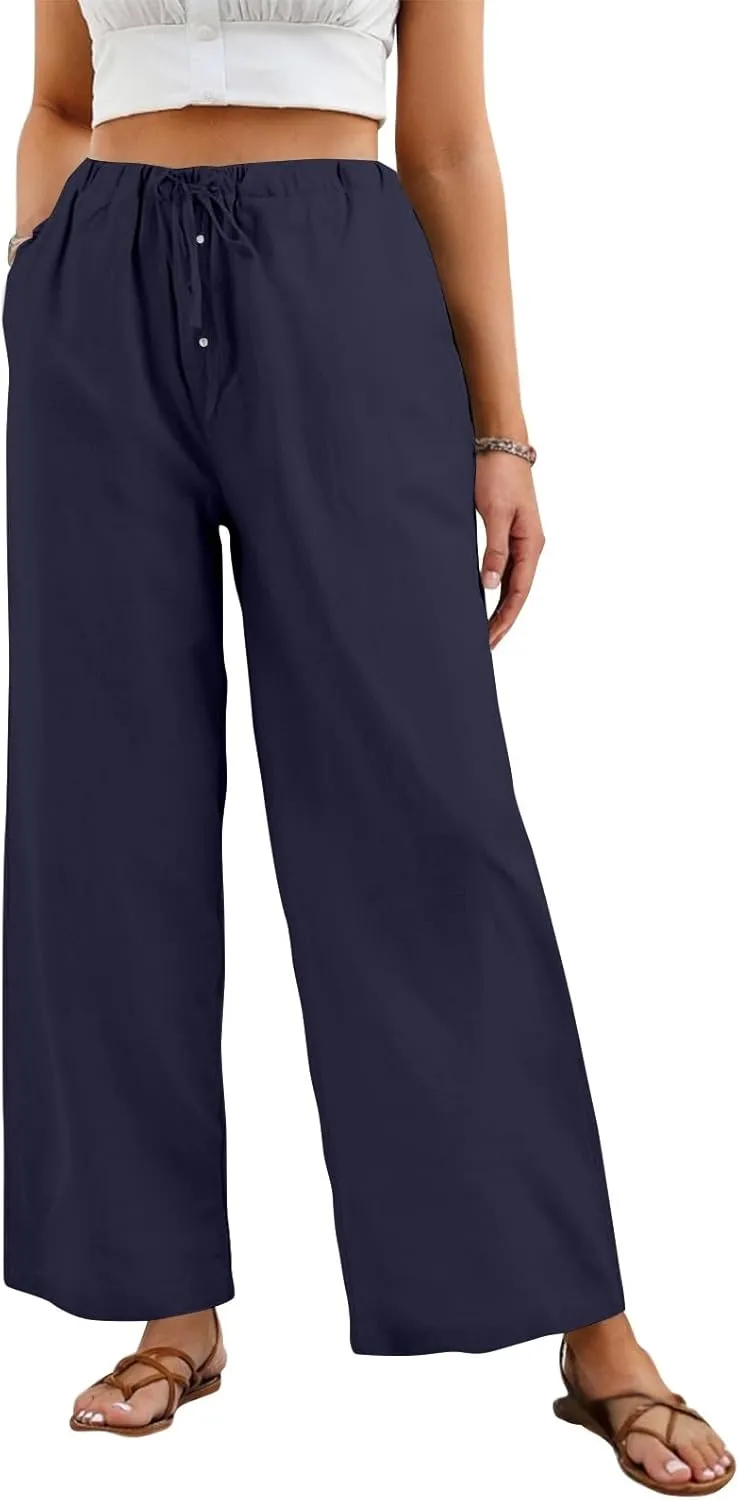 Palazzo Pants for Women Dressy Linen High Waisted Summer Loose Pants Drawstring Button Down Pocket Solid Baggy Trouser