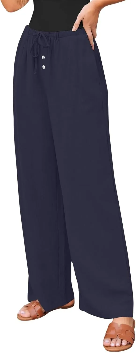 Palazzo Pants for Women Dressy Linen High Waisted Summer Loose Pants Drawstring Button Down Pocket Solid Baggy Trouser