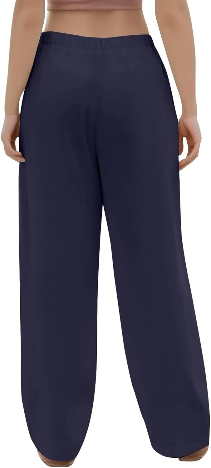 Palazzo Pants for Women Dressy Linen High Waisted Summer Loose Pants Drawstring Button Down Pocket Solid Baggy Trouser