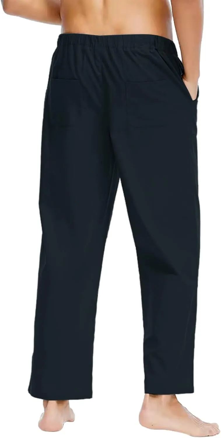Pants for Men Cotton Linen Print Drawstring Pants Casual Loose Elastic Waist Solid Trousers Utility Straight Legs