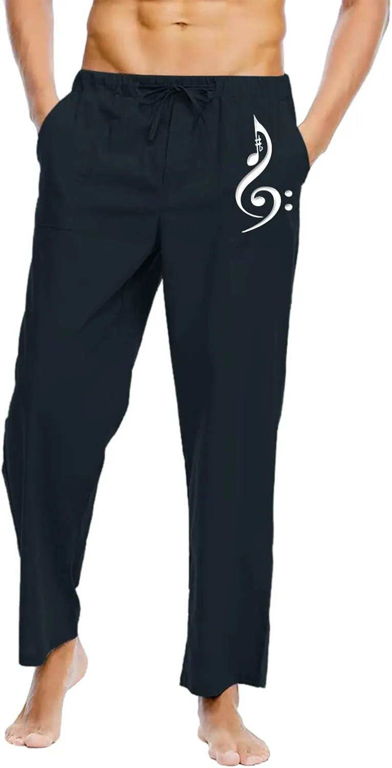 Pants for Men Cotton Linen Print Drawstring Pants Casual Loose Elastic Waist Solid Trousers Utility Straight Legs