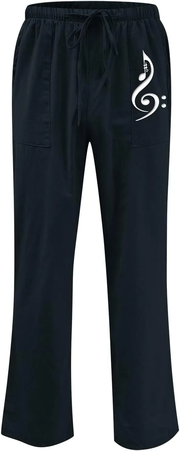 Pants for Men Cotton Linen Print Drawstring Pants Casual Loose Elastic Waist Solid Trousers Utility Straight Legs