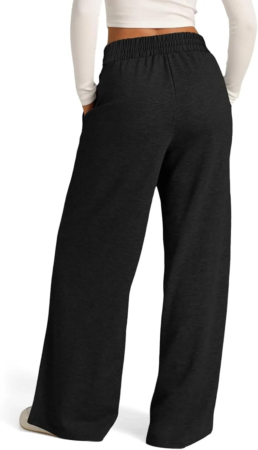 Pants for Women Elastic High Waisted Stretchy Womens Sweatpants with Pockets Straight Wide Leg Pants Cotton Linen