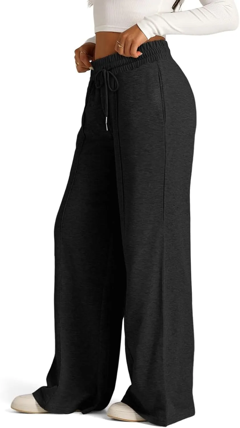 Pants for Women Elastic High Waisted Stretchy Womens Sweatpants with Pockets Straight Wide Leg Pants Cotton Linen