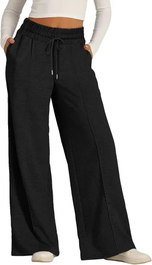 Pants for Women Elastic High Waisted Stretchy Womens Sweatpants with Pockets Straight Wide Leg Pants Cotton Linen