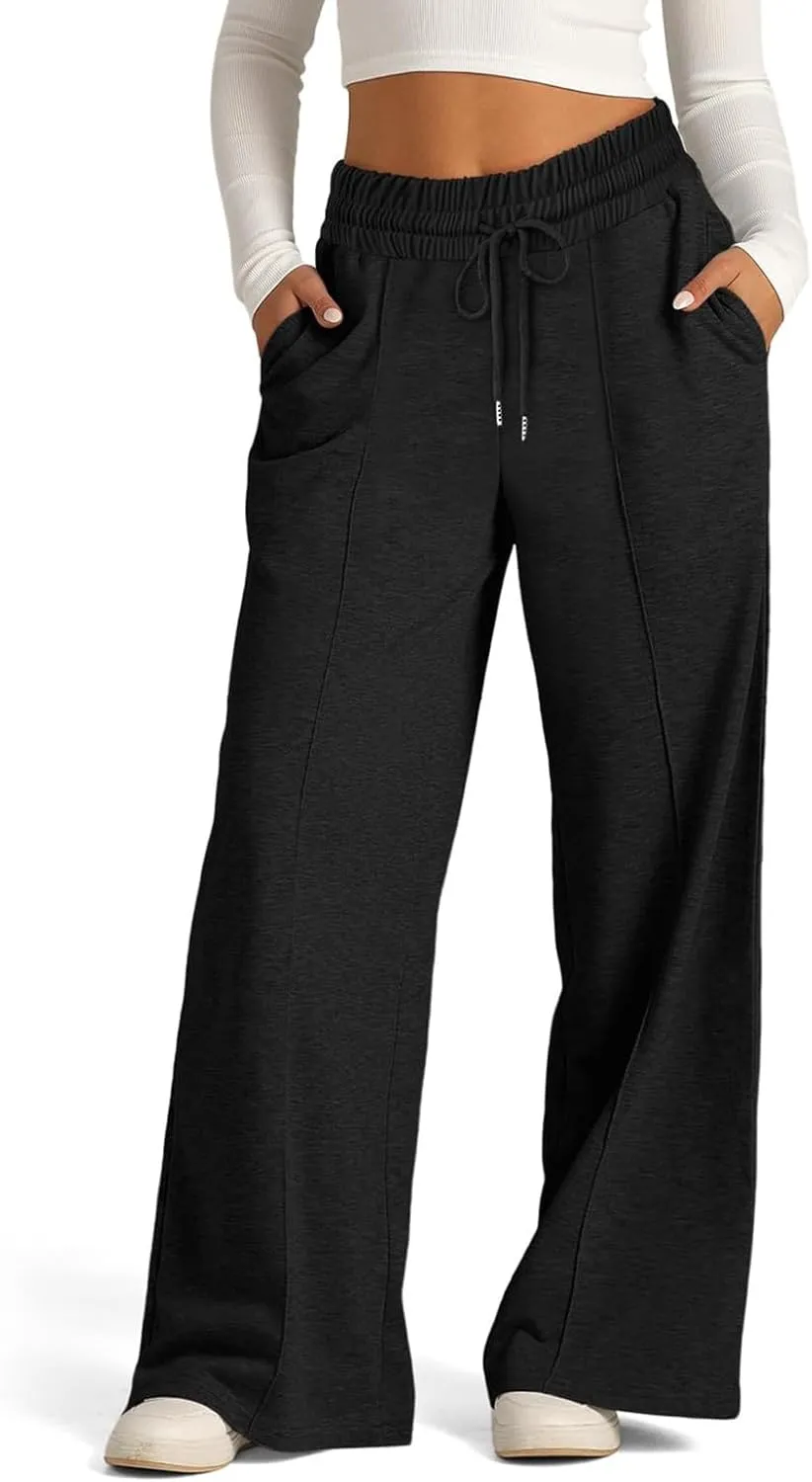 Pants for Women Elastic High Waisted Stretchy Womens Sweatpants with Pockets Straight Wide Leg Pants Cotton Linen
