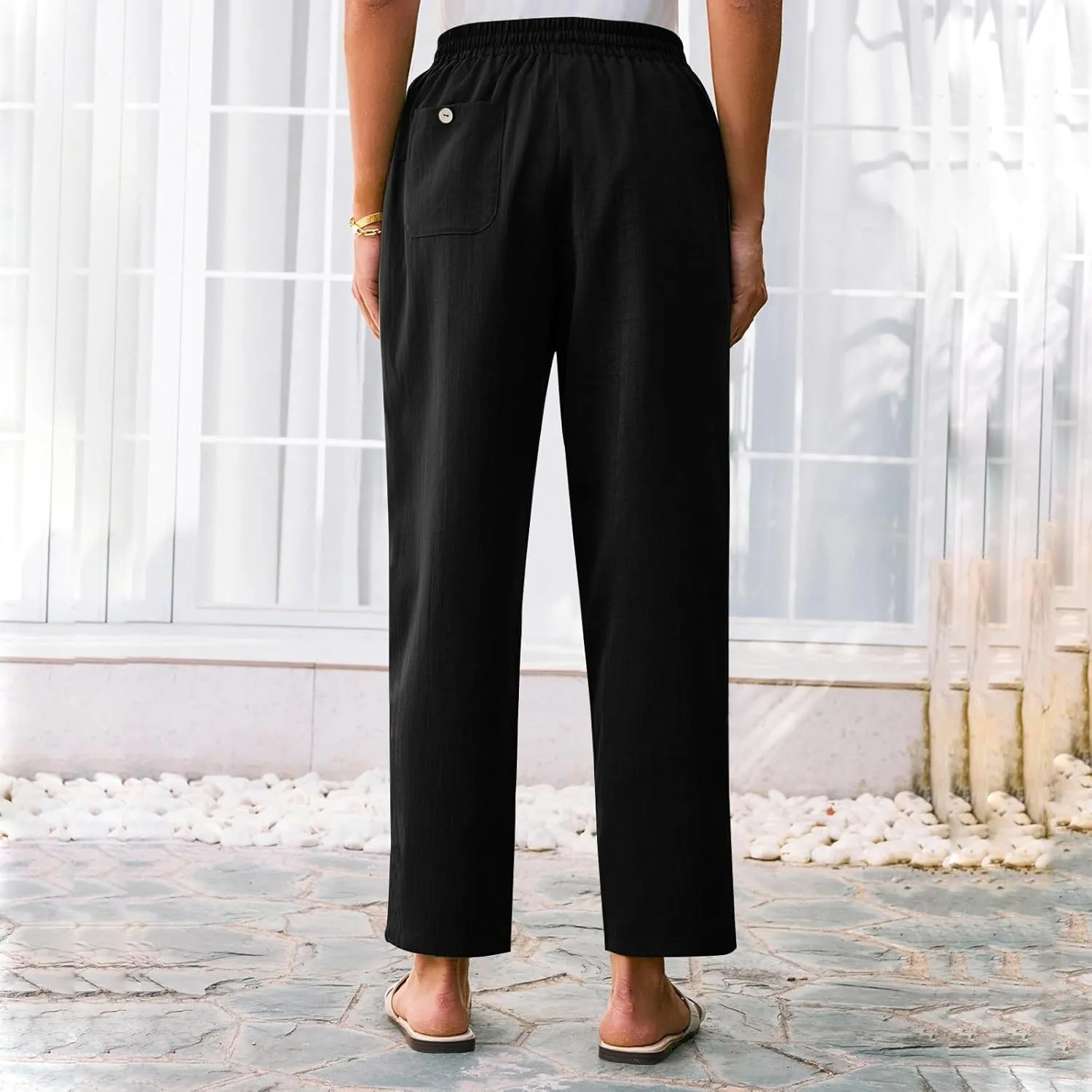 Pants for Women, Linen Print Casual Pants Peasant Straight Leg Cotton Plus