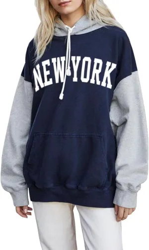 PESION Womens Pullover Hoodies Oversized Graphic Color Block Novelty Hoodie Sweatshirts with Pockets