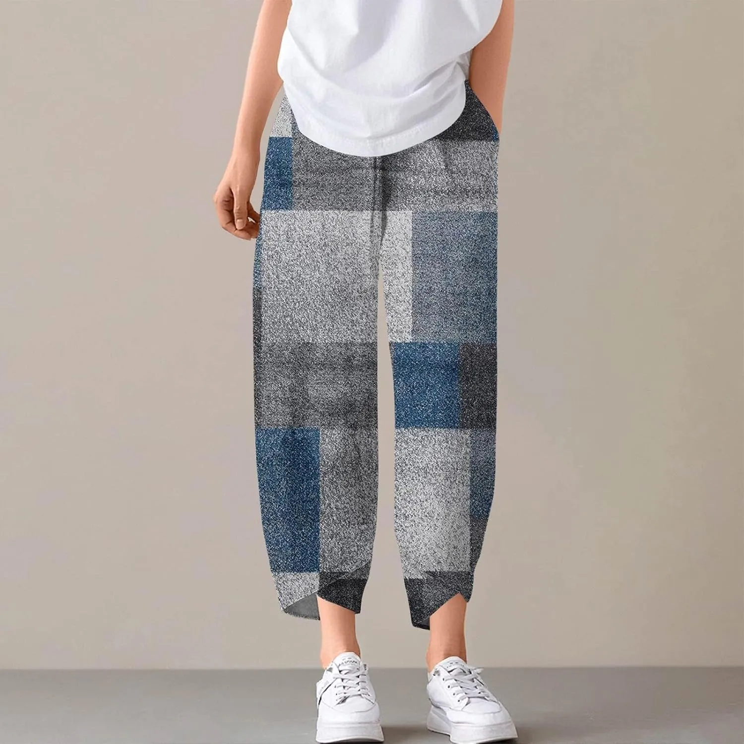 Petite Linen Pants Summer Wide Leg Hight Waisted Capri Pants Cotton Linen Comfy Cropped Palazzo Trousers with Pockets