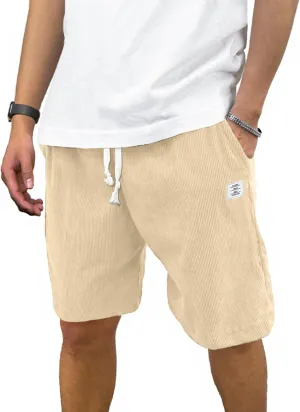 PLEPAN Mens Shorts 7 inch Corduroy Casual Short Drawstring Elastic Waist Lightweight Summer Beach Shorts Loose Fit