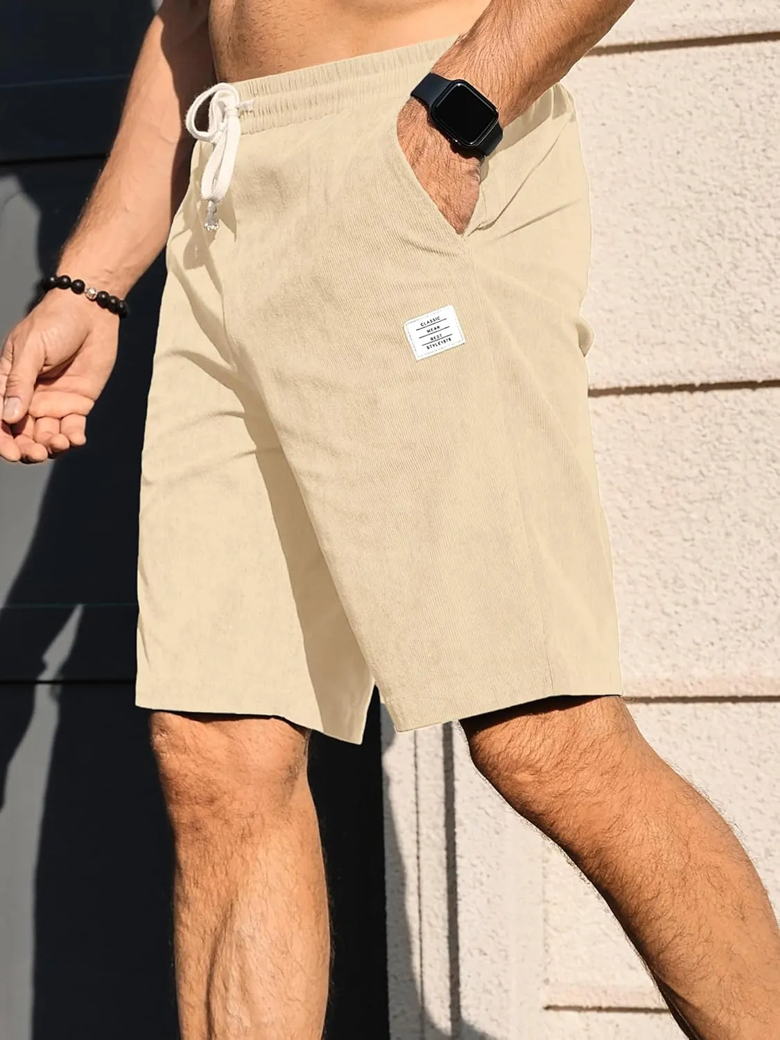 PLEPAN Mens Shorts 7 inch Corduroy Casual Short Drawstring Elastic Waist Lightweight Summer Beach Shorts Loose Fit