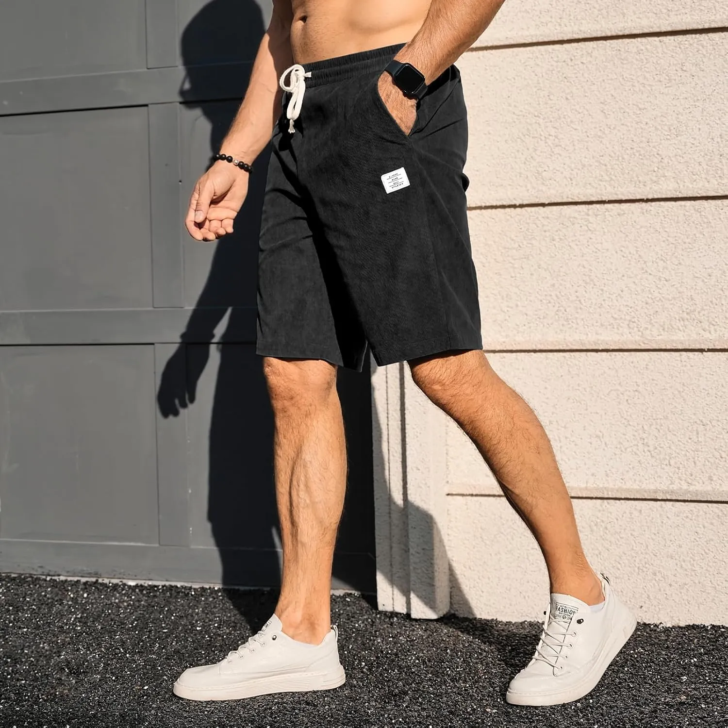 PLEPAN Mens Shorts 7 inch Corduroy Casual Short Drawstring Elastic Waist Lightweight Summer Beach Shorts Loose Fit