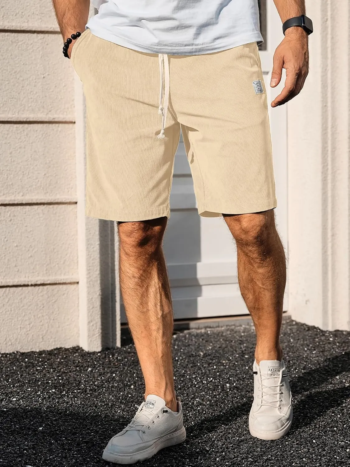 PLEPAN Mens Shorts 7 inch Corduroy Casual Short Drawstring Elastic Waist Lightweight Summer Beach Shorts Loose Fit