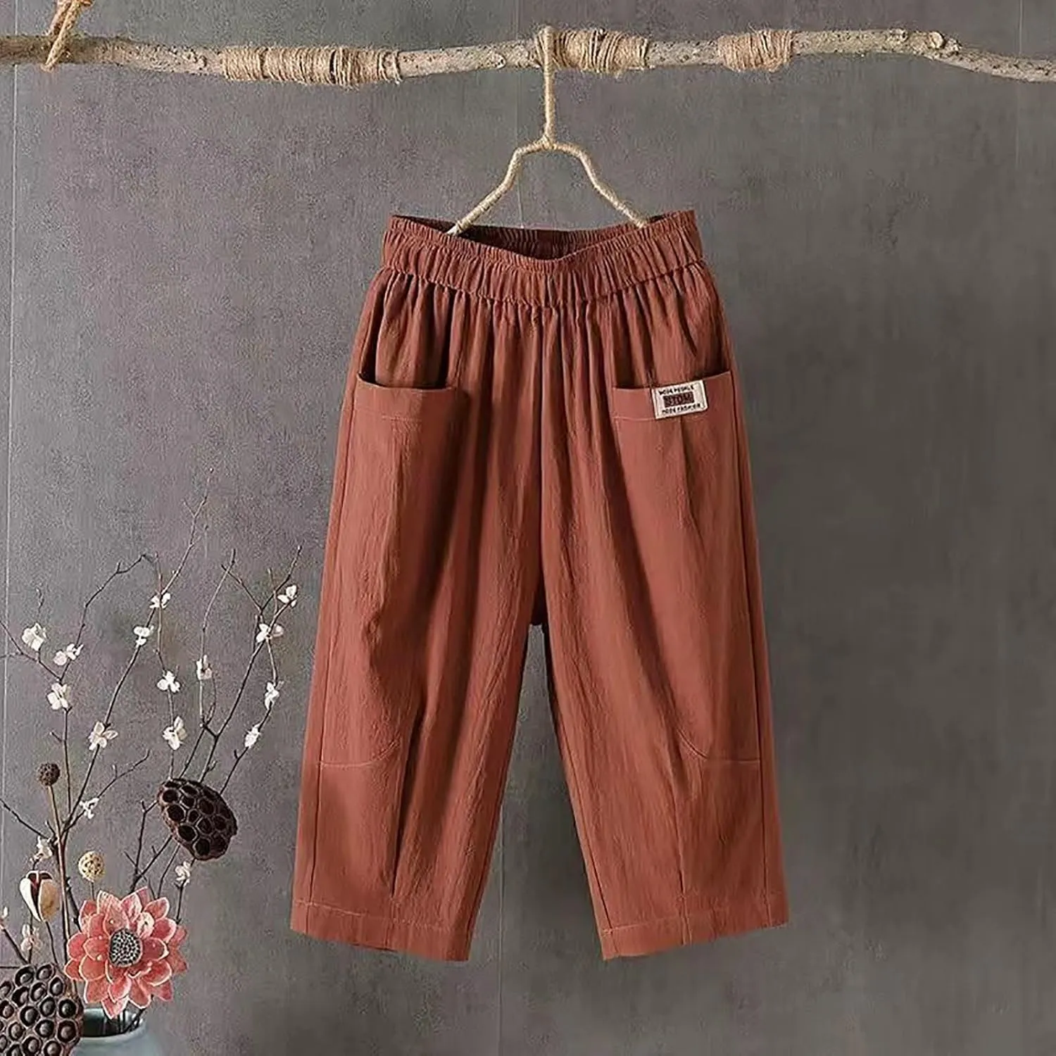 Plus Size Linen Pants for Women Cropped Pants Cotton High Waisted Trousers Loose Travel Vacation Lounge Trousers