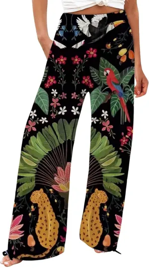 Prime Outlet Store Clearance, Womens Pajama Pants, Women Boho Palazzo Pants High Waist Wide Leg Floral Pant Casual Business Trousers, Prime Clothing for Women, D-Black, Large