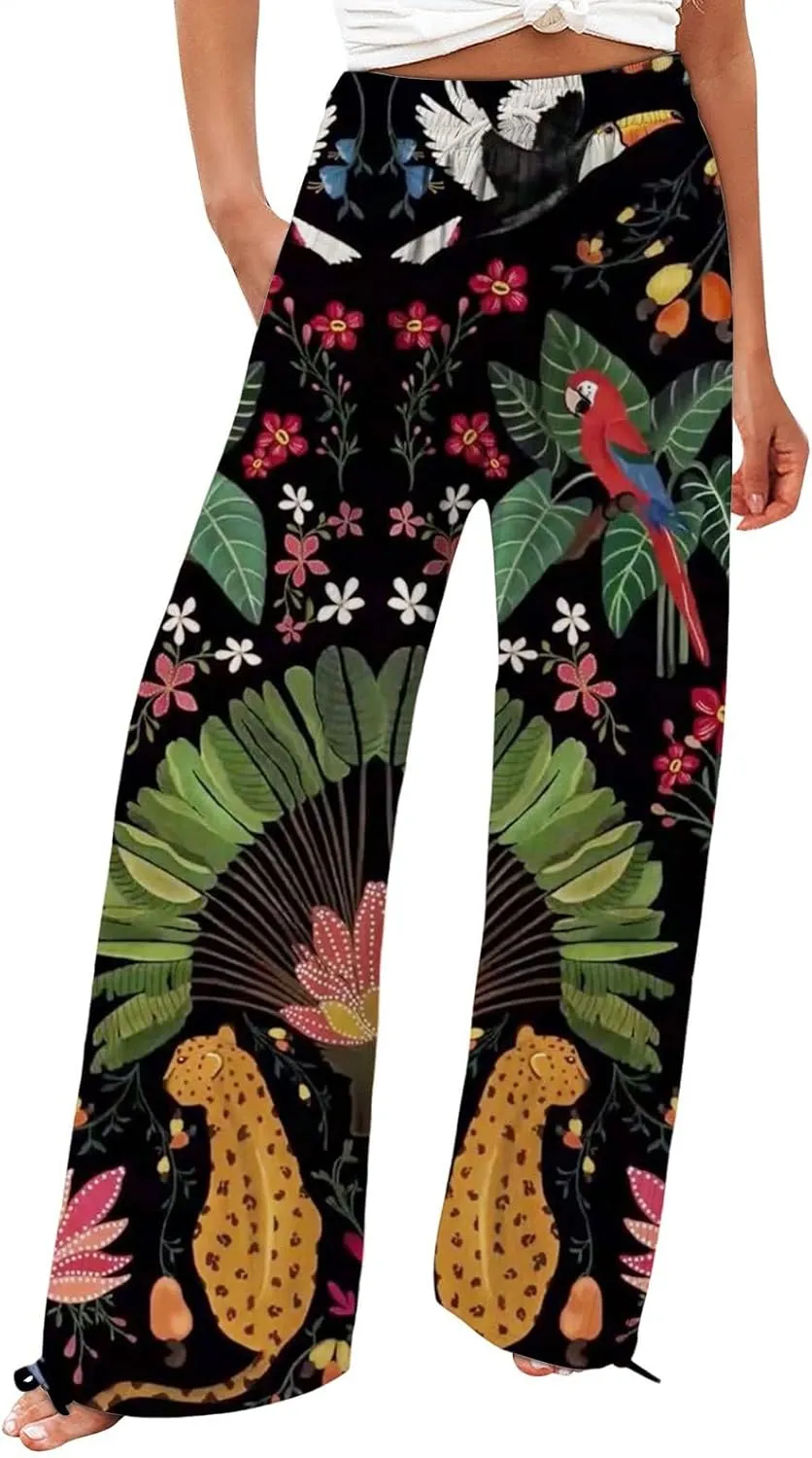 Prime Outlet Store Clearance, Womens Pajama Pants, Women Boho Palazzo Pants High Waist Wide Leg Floral Pant Casual Business Trousers, Prime Clothing for Women, D-Black, Large