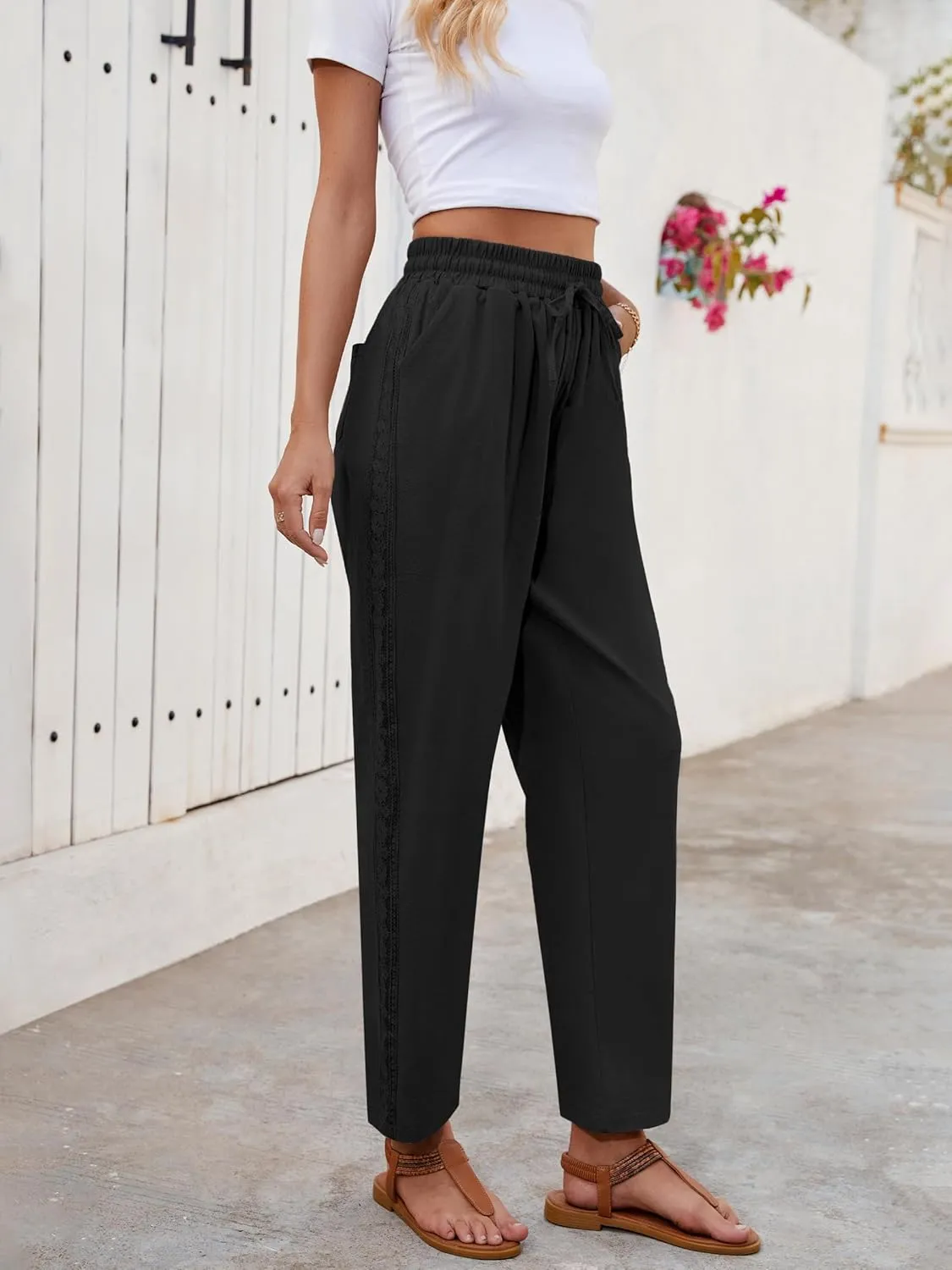 Puimentiua Women Linen Pants Lightweight Capri Pants with Lace Side Summer Casual Beach Drawstring Elastic Waist Trousers