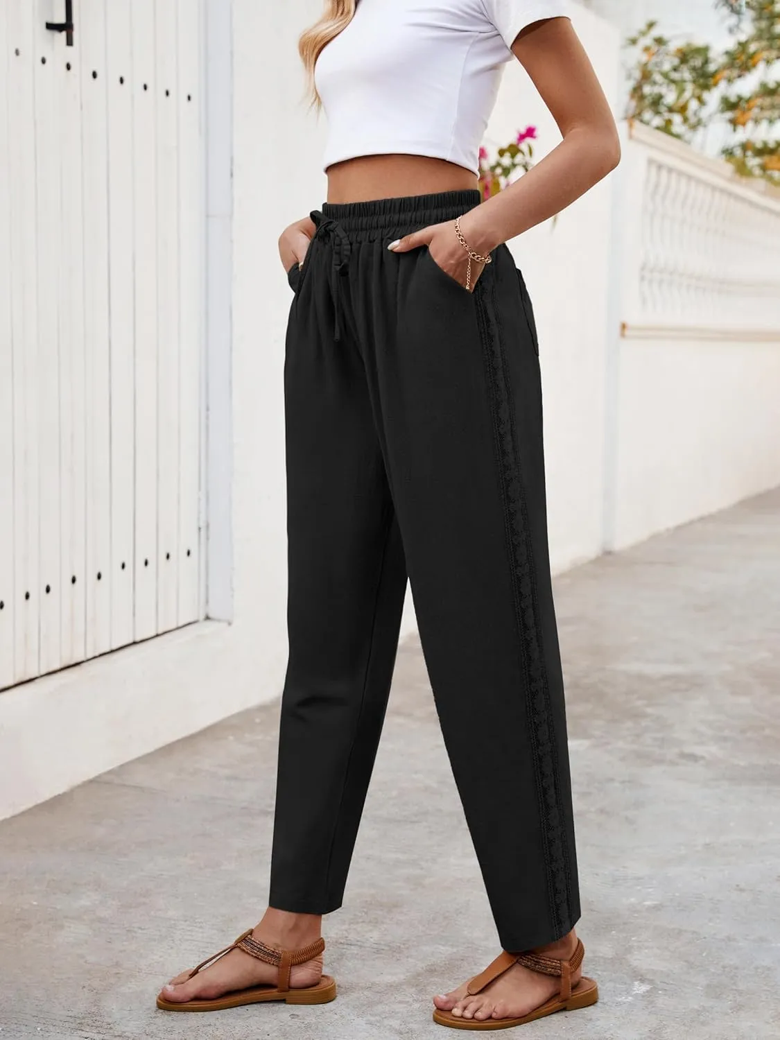 Puimentiua Women Linen Pants Lightweight Capri Pants with Lace Side Summer Casual Beach Drawstring Elastic Waist Trousers