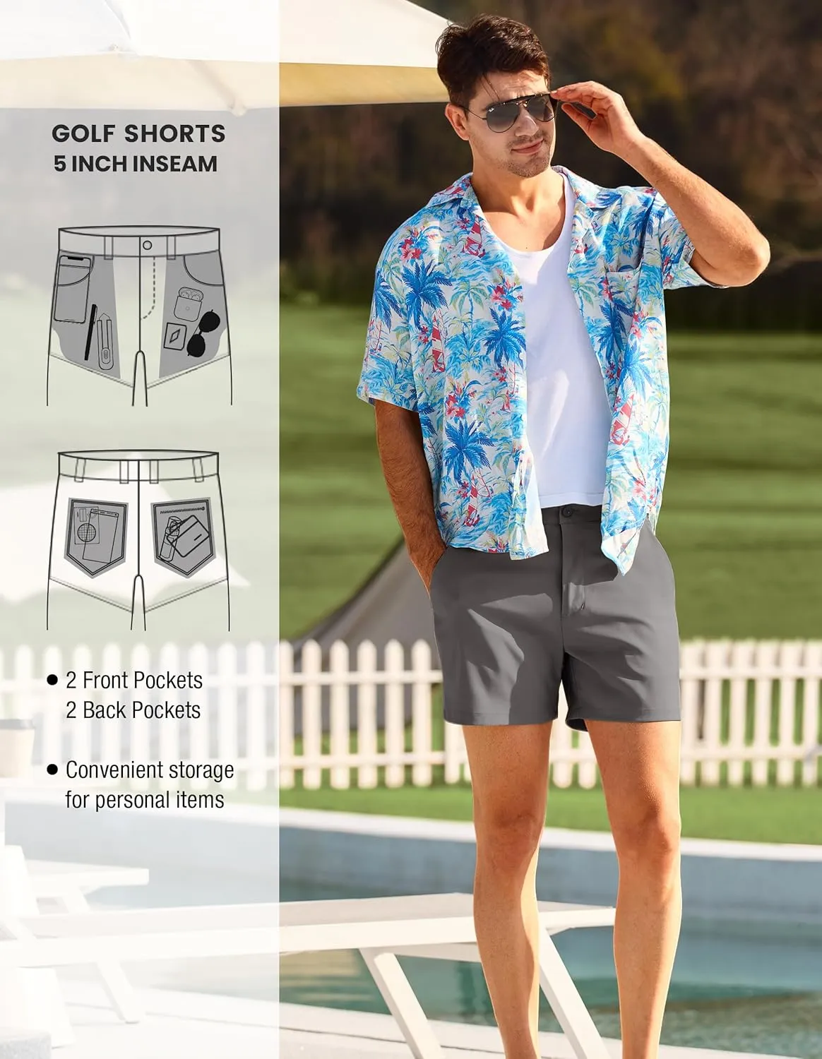 PULI Golf Shorts Men 5 Inch Inseam Stretch Casual Dress Shorts with Pockets Waterproof Lightweight Quick Dry