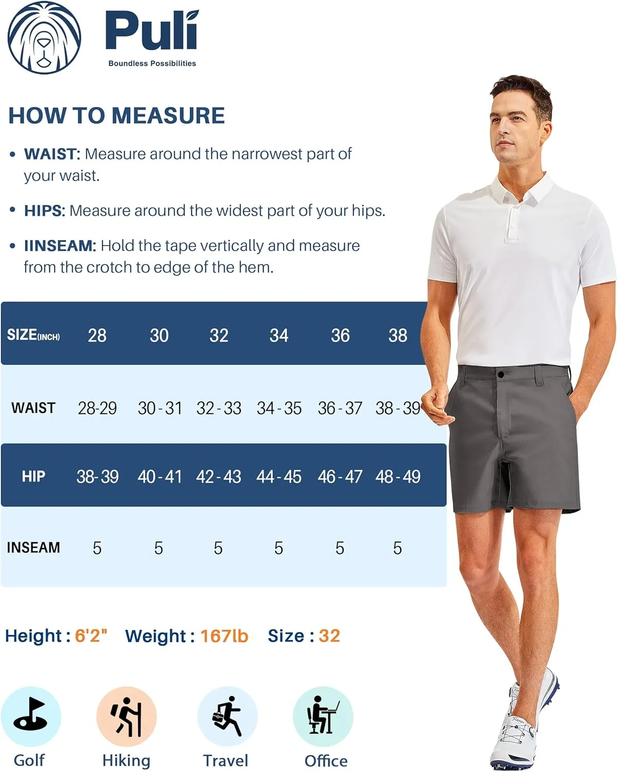 PULI Golf Shorts Men 5 Inch Inseam Stretch Casual Dress Shorts with Pockets Waterproof Lightweight Quick Dry
