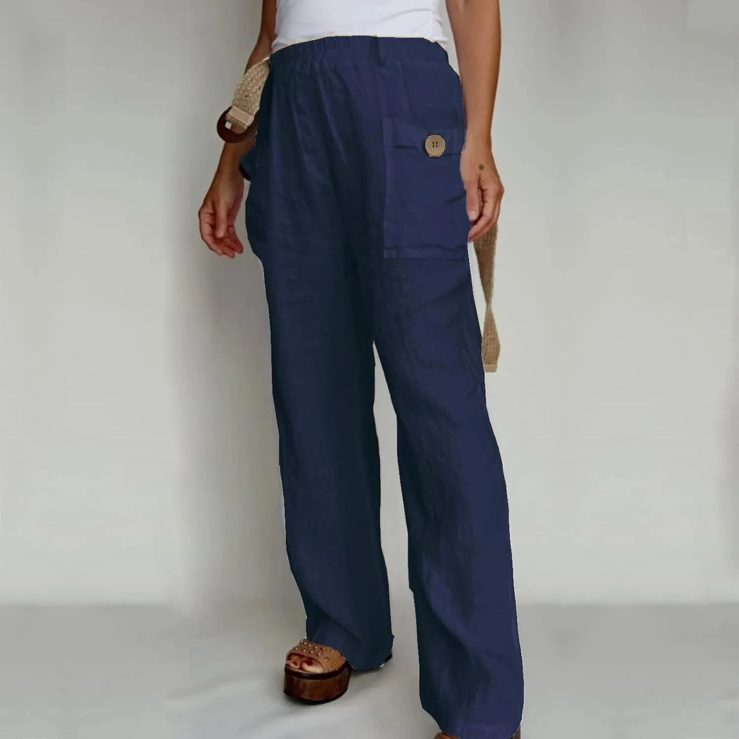 Pull On Linen Pants Women Linen Palazzo Pants Casual Trousers with Pockets Linen Blend Pants