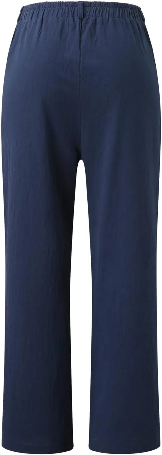 Pull On Linen Pants Women Linen Palazzo Pants Casual Trousers with Pockets Linen Blend Pants