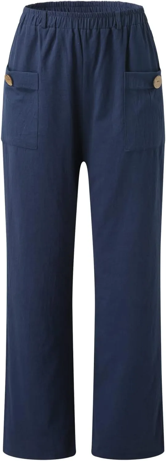 Pull On Linen Pants Women Linen Palazzo Pants Casual Trousers with Pockets Linen Blend Pants