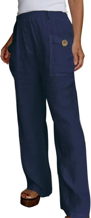 Pull On Linen Pants Women Linen Palazzo Pants Casual Trousers with Pockets Linen Blend Pants
