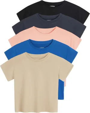 Real Essentials 5 Pack: Women's Dry Fit Crop Top - Short Sleeve Crew Neck Stretch Athletic Tee (Available in Plus Size)