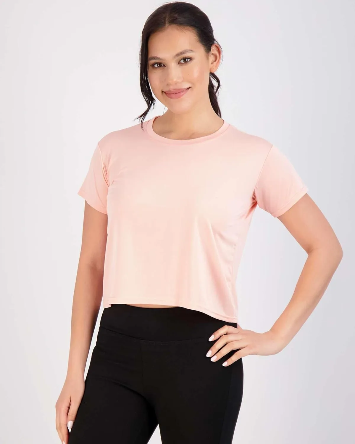 Real Essentials 5 Pack: Women's Dry Fit Crop Top - Short Sleeve Crew Neck Stretch Athletic Tee (Available in Plus Size)